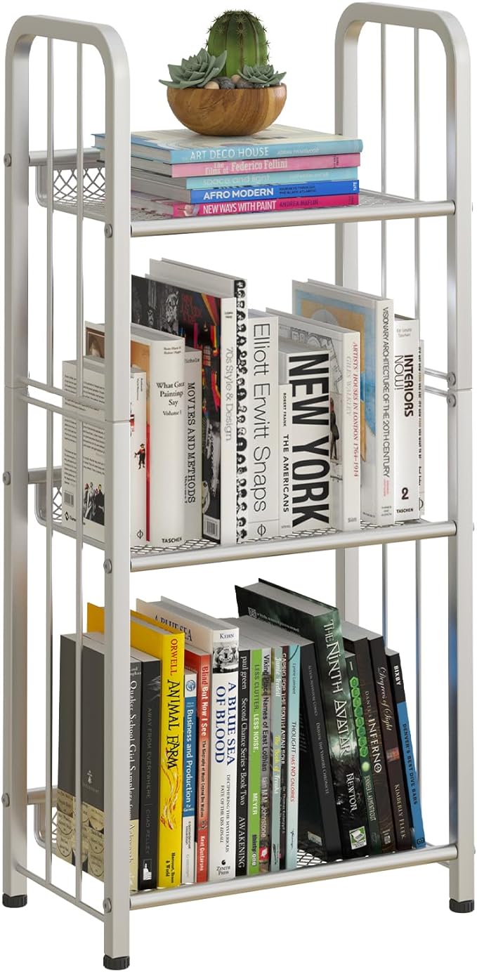 Bookshelf Storage Shelf Small Bookcase Freestanding Storage Stand for Living Room, Bedroom, Kitchen Rust Resistance, Easy Assembly Free Combination Multi-Functional Organizer (3 Tiers, White)