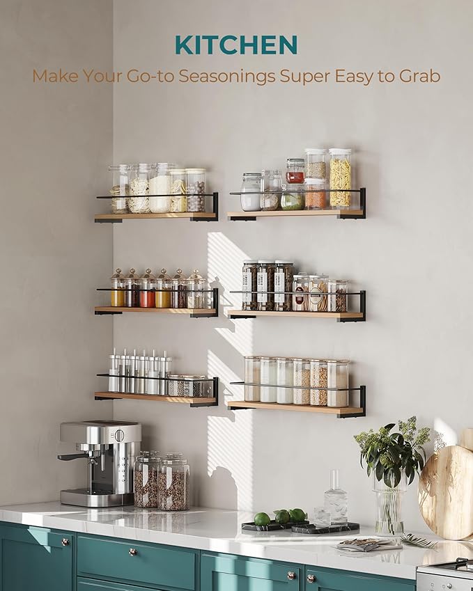 OROPY Spice Rack Wall Mounted, Rustic Wood Hanging Rack for Over The Stove, Kitchen Wall, 4 Pack
