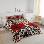 Erosebridal Rose Flower Comforter Set for Kids Girls Women, Leopard Print Down Comforter King Size, 3D Red Floral Petal Bedding Set Cheetah Animal Skin Quilted Duvet for Bedroom Decor, Brown