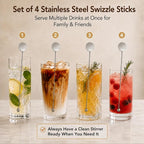 Cocktail Stirrers 8.66" - Silver Steel Swizzle Sticks, 4 Pack | 8.66" Long Steel Drink Stirrers with Dual Ends - Perfect for Tall Cocktails, Coffee & Iced Tea - Reusable Bar Essentials