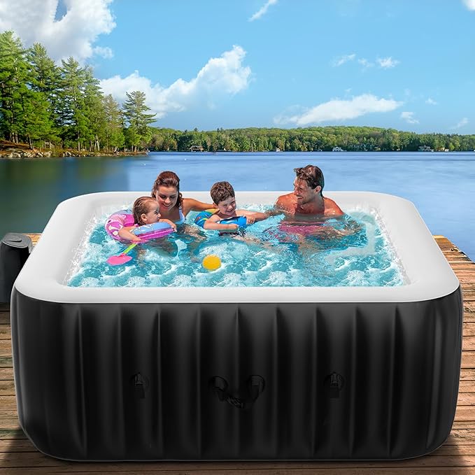 4-6 Person Inflatable Blow Up Hot Tub, Square Portable Hot Tub, Leak-Proof PVC Outdoor Spa with 130 Strong Air Jets, Heater Pump and Insulated Cover, 73” X 73”X 25”