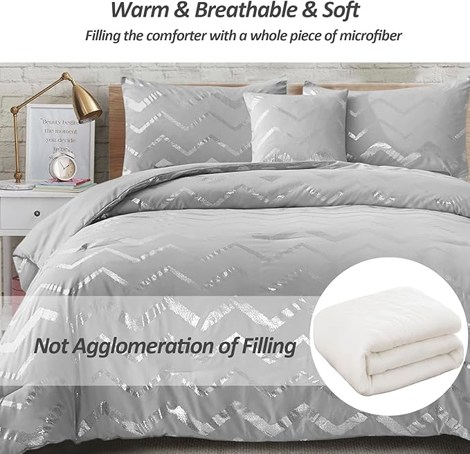 Grey and Silver Comforter Set King Size, Metallic Print Geometric Bedding Set, 4 Piece Lightweight Microfiber Comforter for Teen Girls Boys Women (2 Pillow Shams + 1 Decorative Pillow Sham)