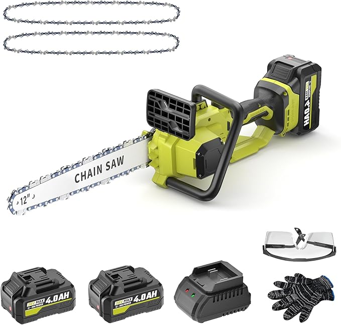 SEYVUM Brushless 12 Inch Chainsaw Cordless, 20V Battery Chainsaw with 2 x 4.0Ah Batteries, 2 x Chains, Electric Chainsaws with Tool-free Chain Tension, Auto Oiling for Wood Cutting Trimming Branch