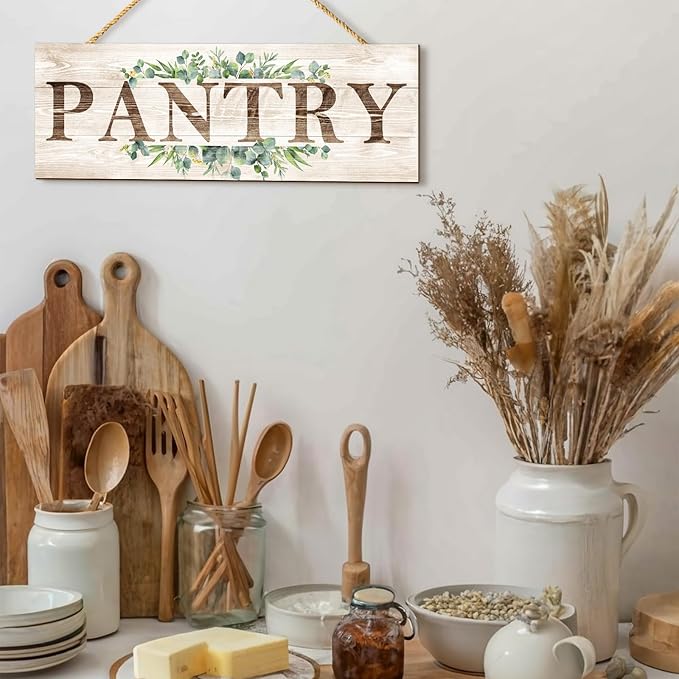 Pantry Sign Wall Decor, Pantry Wall Art with Plant Print, Rustic Farmhouse Wall Hanging Plaque Home Kitchen Decorative Pantry, 4.7 x 13.7 inches