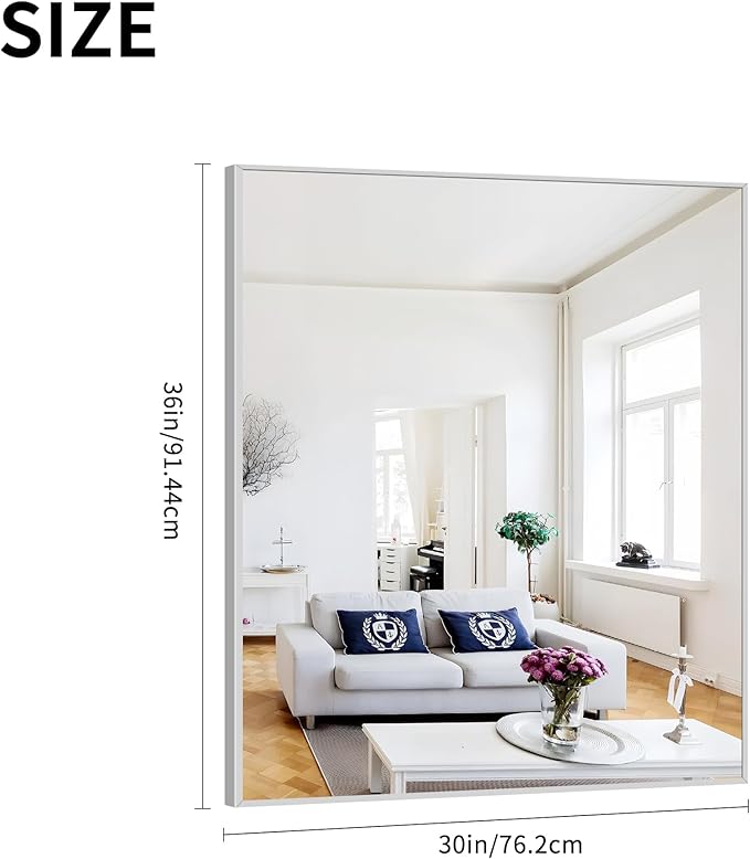 Silver Bathroom Mirror for Wall, 30x36 Inch Rectangle with Metal Frame, Modern Vanity for Bathroom Living Room, Entryway Hangs Horizontal or Vertical