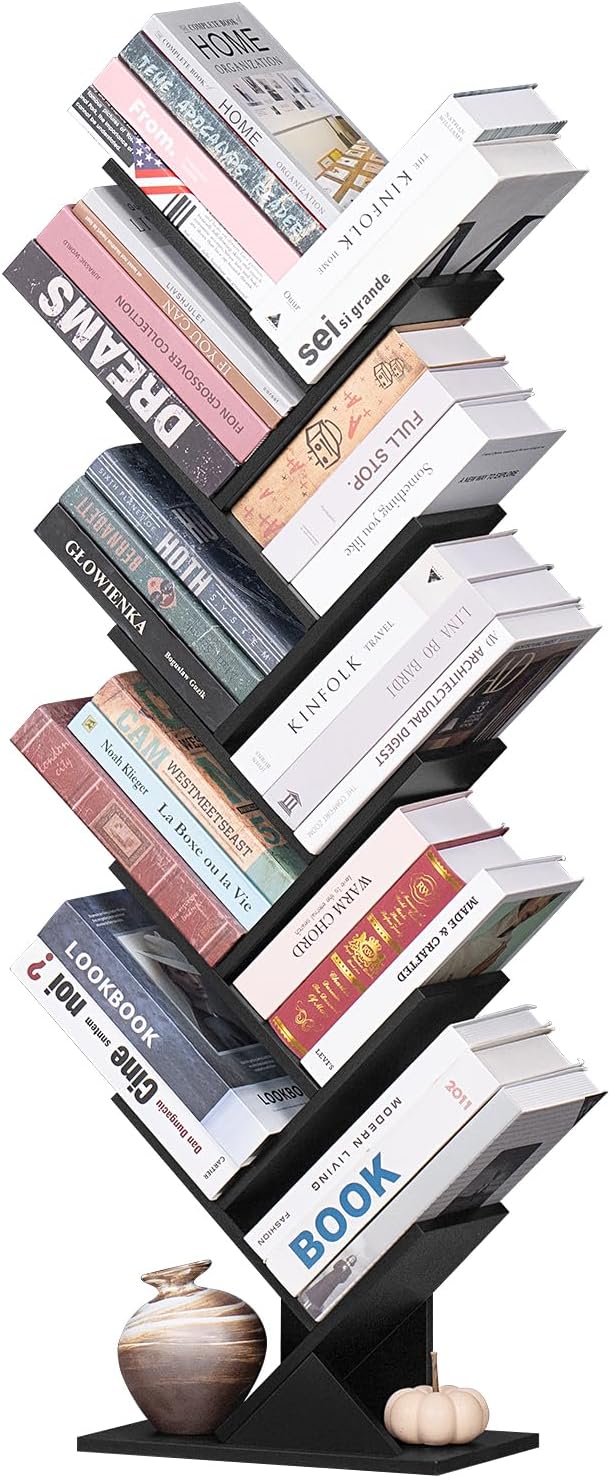 10 Tier Tree Book Shelf, Floor Standing Wood Bookshelf for Narrow Space, Storage Organizer Bookshelves for Books/CDs/Magazine, Bookcase with Shelves for Home Office, Living Room - Black