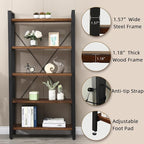 5 Tier Bookcase, Solid Rustic Industrial Etagere Bookcase, Metal and Wood Free Vintage Bookshelf, Retro Brown (Real Wood) (5-Tier)