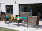 Greesum Patio Furniture 4 Pieces Conversation Sets Outdoor Wicker Rattan Chairs Garden Backyard Balcony Porch Poolside loveseat with Soft Cushion and Glass Table, Brown and Blue