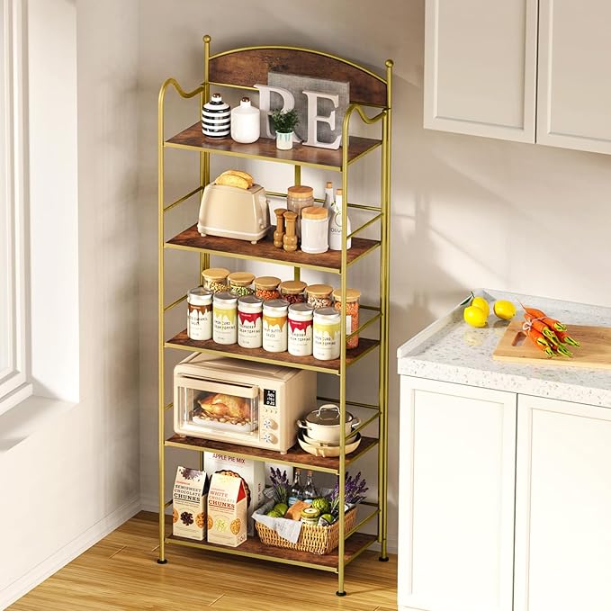Folding Bookshelf No Assembly, 5 Shelf Gold Folding Bookcase, Industrial Tall Metal Collapsible Corner Book Shelf with Storage Shelves for Bedroom, Living Room, Home Office Organization