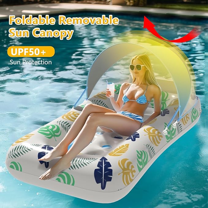Inflatable Adult Pool Floats with Canopy 70 Inch Giant Swimming Pool Lounger Raft with Cup Holder & UV-Resistant Heavy-Duty Adults Floaties for Beach Lake Pool Parties Summer Travel Accessories