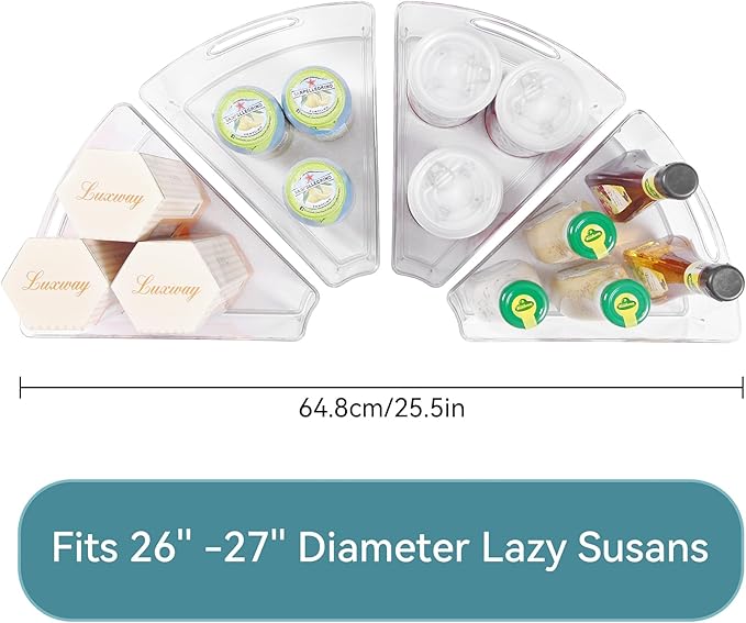 Oubonun Lazy Susan Organizers Set of 4, 10.2”x 9.4”x 4” Plastic Transparent Kitchen Cabinet Storage Bins with Handle, 4" Deep Container, 1/8 Wedge - Food Safe, without BPA