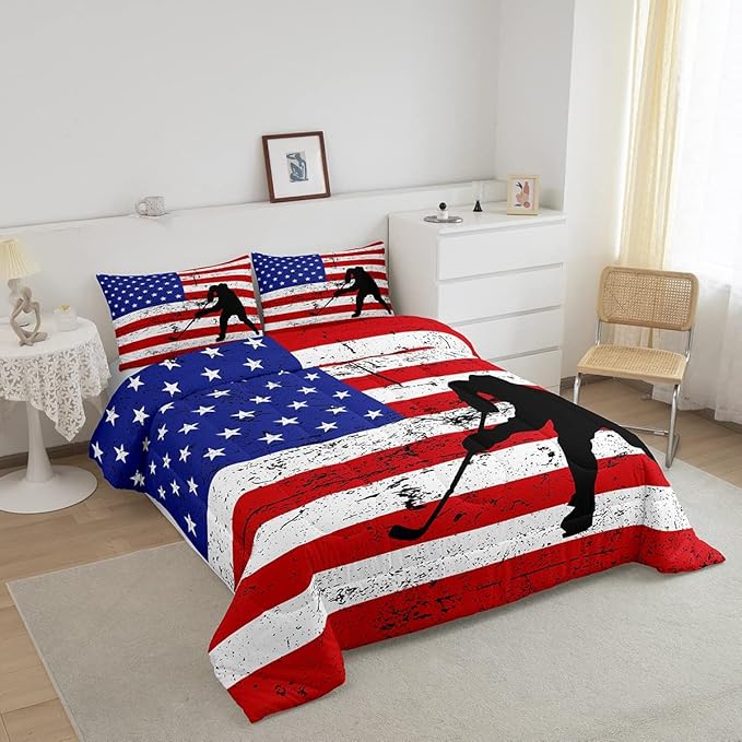 Erosebridal American Flag Comforter Set Queen, Hockey Bedding Set United States Sports Games Down Comforter for Kids Boys Teens Bedroom, Red White Geometric Stripes Duvet Sets with 2 Pillowcases