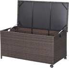 RELAX4LIFE Patio Rattan Storage Box - 50 Gallon All-Weather Wicker Storage Box w/Top Lid, Protective Liner and Wheels, Outdoor Deck Box Waterproof for Cushions, Toys, Garden Tools