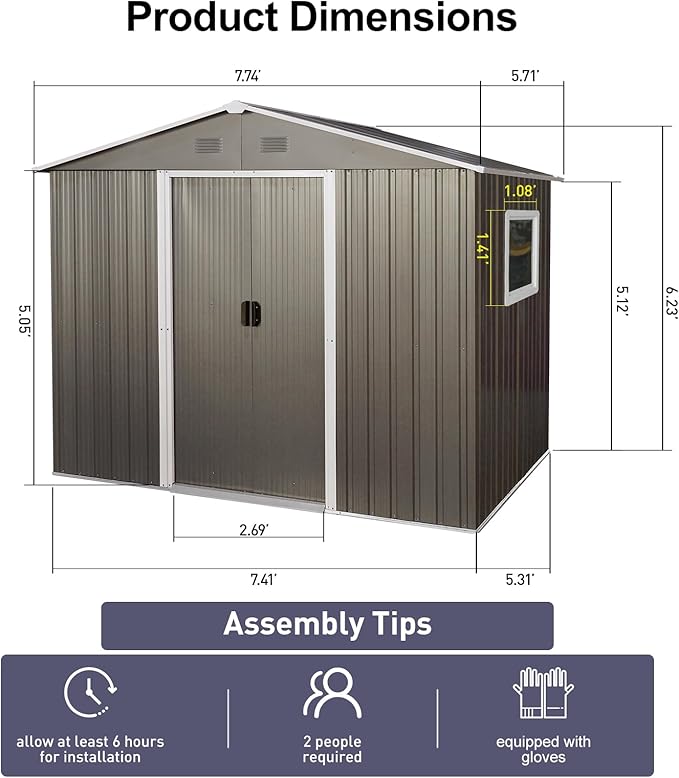 6x8 FT Outdoor Storage Shed, Metal Garden Shed with Frame Floor, Outside Tool Shed with Window, Waterproof Storage Building with Lockable Sliding Doors & Sloped Roof for Backyard, Patio, Gray