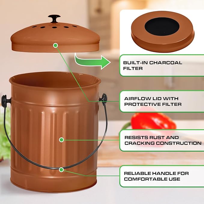 Plexon Countertop Compost Bin Kitchen Indoor, with Lid, Copper 1.5 Gallon Odorless Kitchen Compost Container, Steel Food Bucket Pail with Charcoal Filter, Bronze
