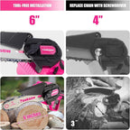 Pink Mini Chainsaw Cordless 6 inch - Electric Hand Held Chain Saw Battery Powered with Power Indicator - Rechargeable Portable Small Chainsaw for Women, Yard Tools Gifts for Gardeners Woman
