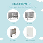 3 in 1 Portable Folding Stationary Side Crib in Steel Grey, Greenguard Gold Certified, Safety Wheels with Locking Casters, Convertible, 3 Mattress Heights