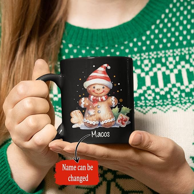 Watercolor Christmas Gingerbread Design Mug, Custom Gingerbread Lover Black Cup, Customized Christmas Coffee Mug With Name, Gift For Boy Girl, Personalized Gingerbread Lover Cup 11oz 15oz