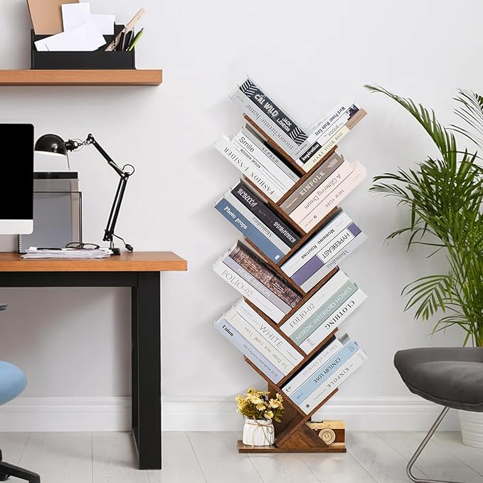 10 Tier Tree Book Shelf, Floor Standing Wood Bookshelf for Narrow Space, Storage Organizer Bookshelves for Books/CDs/Magazine, Bookcase with Shelves for Home Office, Living Room - Brown