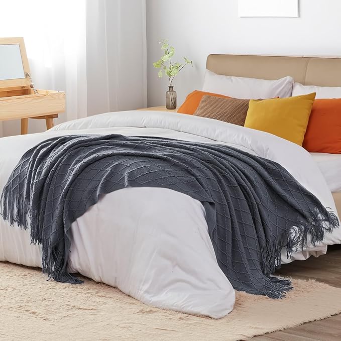 inhand Knit Graphite Grey Throw Blanket for Couch, Soft Living Room Home Decor Knitted Twin Size Blanket, Outdoor Lightweight Breathable Summer Blanket, Farmhouse Warm Woven Decorative, 60"x80"