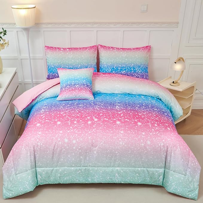 PERFEMET Rainbow Queen Comforter Set with Sheets, 6 Pieces Blue Green Bedding Sets for Girls, Tie Dye Ombre Bed Set for Bedroom Decoration, Lightweight All Season Bed in A Bag