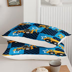 Axolotl Excavator Comforter Set Queen Size,Blue Plaid Comforter Set with Star,Excavator Bedding Set for Kids Boys Teens,Construction Vehicle Comforter Set for Boys,1 Quilt 2 Pillowcases