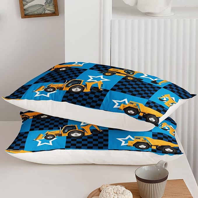 Axolotl Excavator Comforter Set Queen Size,Blue Plaid Comforter Set with Star,Excavator Bedding Set for Kids Boys Teens,Construction Vehicle Comforter Set for Boys,1 Quilt 2 Pillowcases