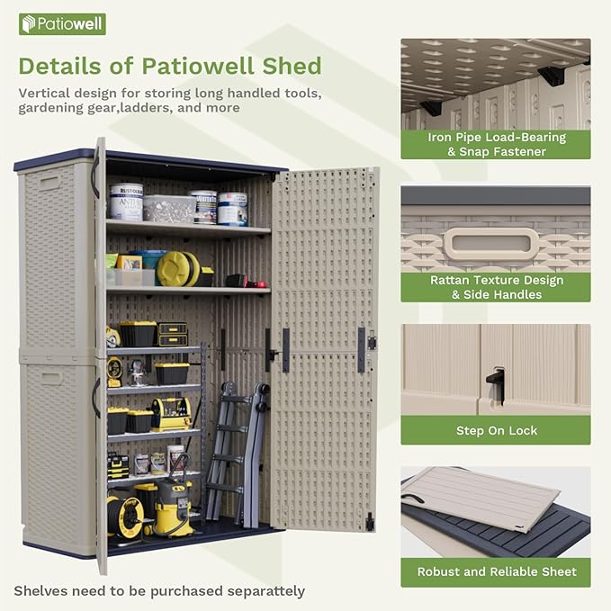 Patiowell 50 cu.ft Plastic Outdoor Storage Shed, Lockable Waterproof Resin Storage Cabinet Vertical Storage Shed for Garden Tools, Garbage Cans, Pool Supplies, Beige(Not Include Shelves)