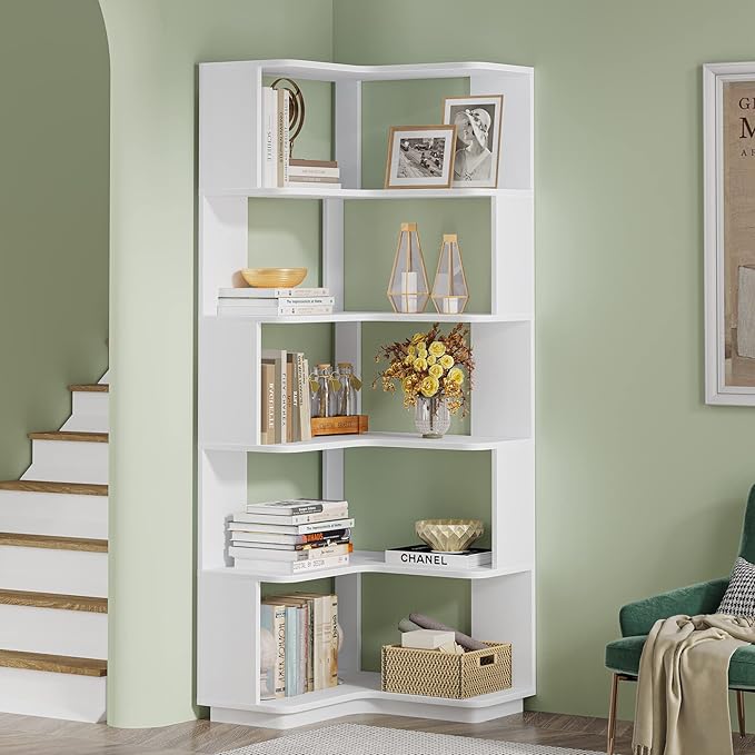 Corner Bookshelf, 64.9 Inch Tall Bookcase with Anti-Drop Panel, Modern Freestanding Corner Shelf Display Rack Storage Organizer for Home Office, Living Room, White