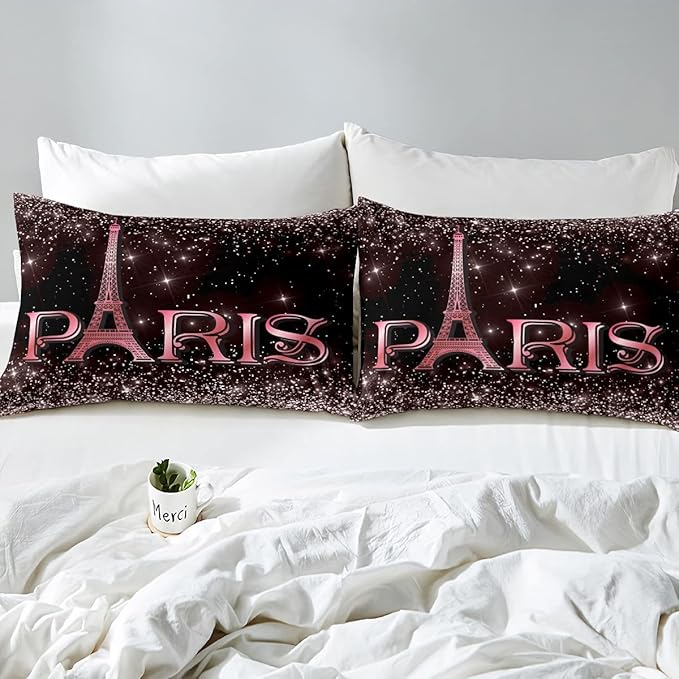 Erosebridal Eiffel Tower Comforter Set King Size, Paris France Duvet Sets for Kids Teens Adult Women Bedroom Decor Starry Sky Bling Bedding Set City Building Quilted Duvet with 2 Pillow Cases