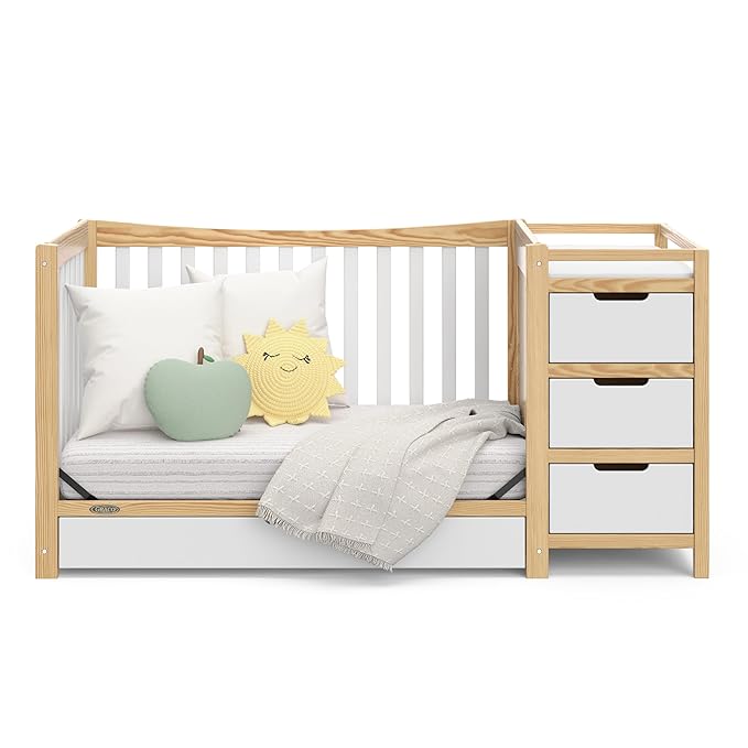Graco Remi 4-In-1 Convertible Crib & Changer With Drawer (White & Natural) – GREENGUARD Gold Certified, Crib And Changing-Table Combo, Includes Changing Pad, Converts To Toddler Bed, Full-Size Bed