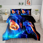 Axolotl Football Comforter Queen,Cool Blue Football Bedding Sports Theme Comforter Set For Boys,3D Rugby Sports Bedding Set Football Player On Fire For Boys Kids Teens,1 Quilt 2 Pillowcases,Black Blue