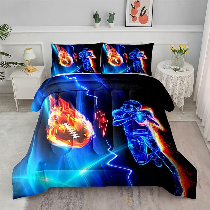 Axolotl Football Comforter Full,Cool Blue Football Bedding Sports Theme Comforter Set for Boys,3D Rugby Sports Bedding Set Football Player On Fire for Boys Kids Teens,1 Quilt 2 Pillowcases,Black Blue