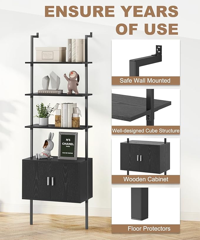 Gadroad Ladder Bookshef with Cabinet, Wall Mounted Bookcases, 5 Tier Tall Open Display Rack, 73" Metal Industrial Bookshelf, Storage Shelves for Livingroom, Home Office, Black