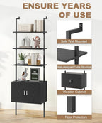 Gadroad Ladder Bookshef with Cabinet, Wall Mounted Bookcases, 5 Tier Tall Open Display Rack, 73" Metal Industrial Bookshelf, Storage Shelves for Livingroom, Home Office, Black