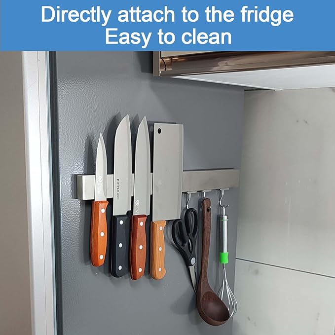 14 Inch Magnetic Knife Holder for Refrigerator - Knife Magnetic Strip for Fridge with Magnetic Hooks - Double Sided Magnetic Knife Bar - Stainless Steel Kitchen Magnetic Knife Hanger Rack