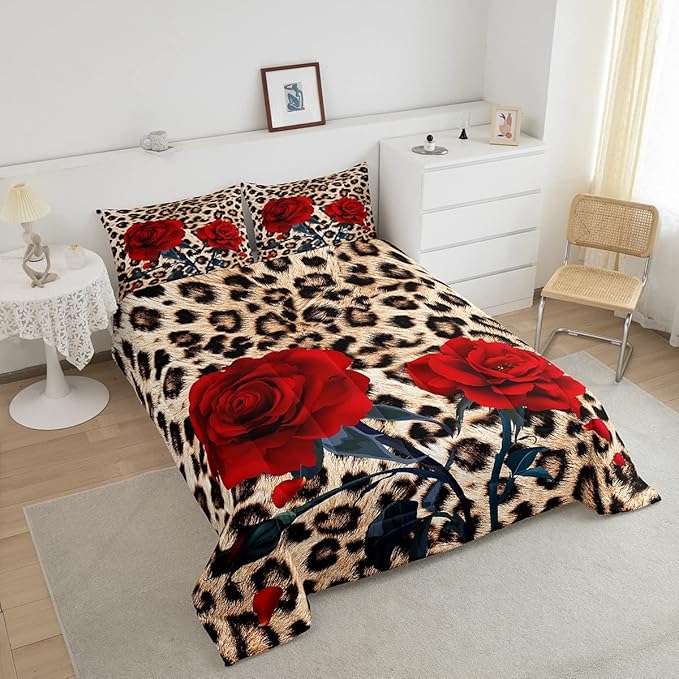 Rose Flower Comforter Set for Teens Adult Women Wedding Gift, Leopard Print Bedding Set Queen Size, Valentine's Day Cheetah Duvet Sets Leopard Animal Skin Down Comforter for Bedroom Decor, Brown