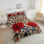 Rose Flower Comforter Set for Teens Adult Women Wedding Gift, Leopard Print Bedding Set Twin Size, Valentine's Day Cheetah Duvet Sets Leopard Animal Skin Down Comforter for Bedroom Decor, Brown