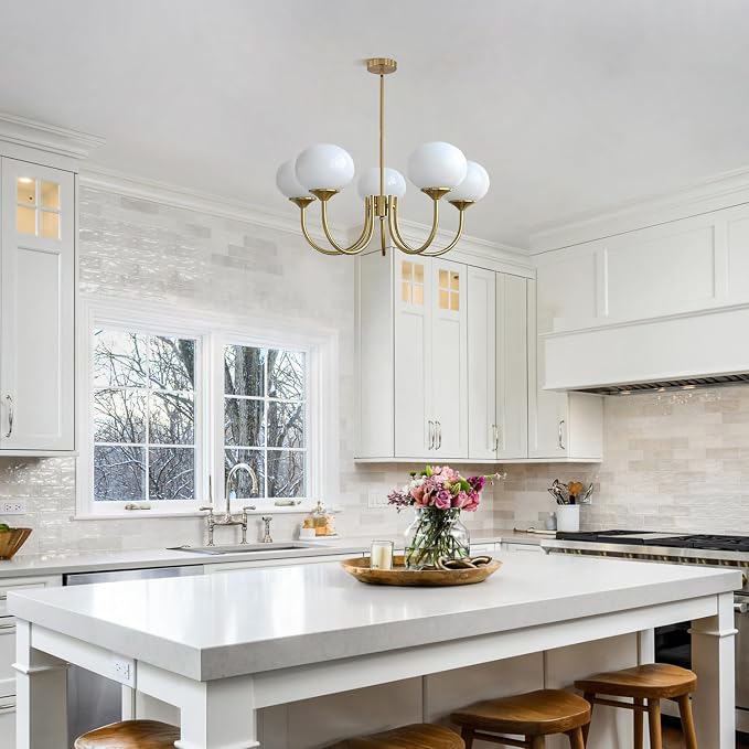 5 Light White Globe Chandelier Small Milk Glass Chandelier Gold Sputnik Ceiling Light Fixture MCM Dining Room Light Fixture Vintage Kitchen Pendant Lights