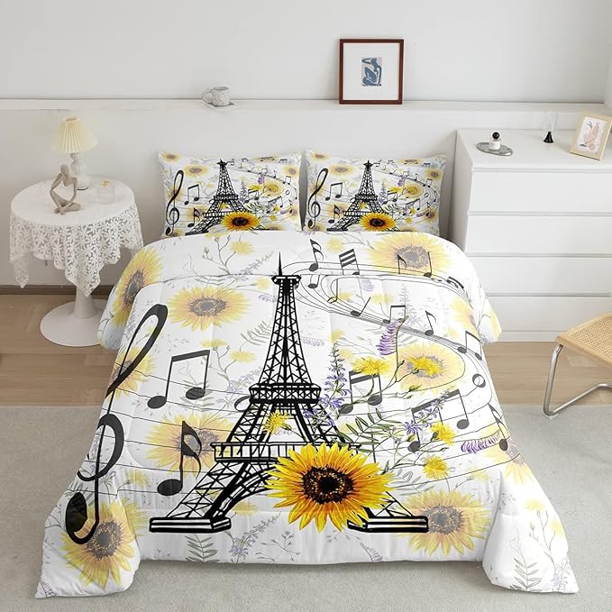 Eiffel Tower Kids Comforter Set Cute Sunflower Bed Sheet Set for Boys Children Teens Bedroom Decor Paris Tower Bedding Set Set Floral Music Themed Bed Cover Full Size with 3 Pillow Case