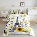 Feelyou Eiffel Tower Kids Comforter Set Cute Sunflower Bed Sheet Set for Boys Children Teens Bedroom Decor Paris Tower Bedding Set Set Floral Music Themed Bed Cover Queen Size with 3 Pillow Case