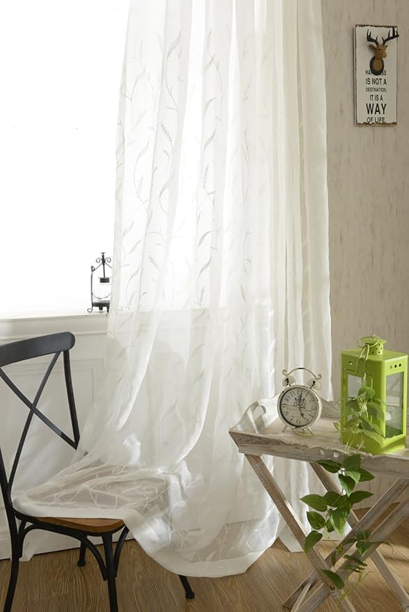 White Rod Pocket Sheer Curtains 96 inches Length Embroidered Window Curtain Sheer Voile Panels for Living Room & Bedroom, 60x96, Two Panels