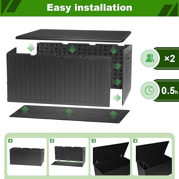 260 Gallon Outdoor Storage Box Waterproof, Extra Large Plastic Outside Deck Box Weatherproof, Resin Patio Storage Bin with Lock and Lids for Pool Equipment and Cushion, Black