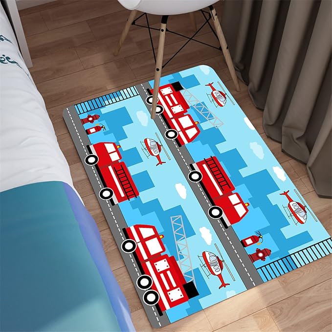 Car Rug Play Mat Car Rug Play Mat Car Rug for Boys Room Fire Fighting Truck Red Car Printed Rug Play Rug for Cars and Trucks Play Rugs for Kids Rooms,Light Blue 2'×3'