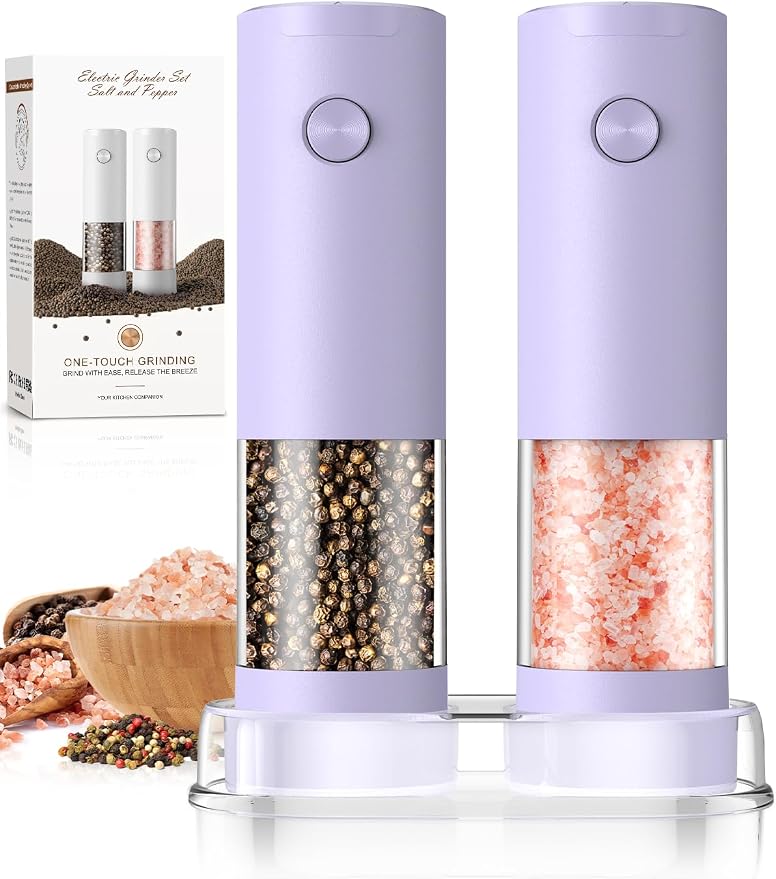 Salt and Pepper Grinder Set Gifts for Women Automatic Battery Purple Pepper Mill Shakers Kitchen Accessories Cooking for Mom, Adjustable Coarseness Salt Pepper Shakers White Elephant Gift