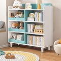 Wooden Cube Bookcase with Legs - 3-Tier Open Shelf Kidsroom Sorted Storage Cabinet Organizer for Books and Toys, 6-Cube Lattice Cute Cubby Bookshelf in White Mixed Westlake Blue, 32" W