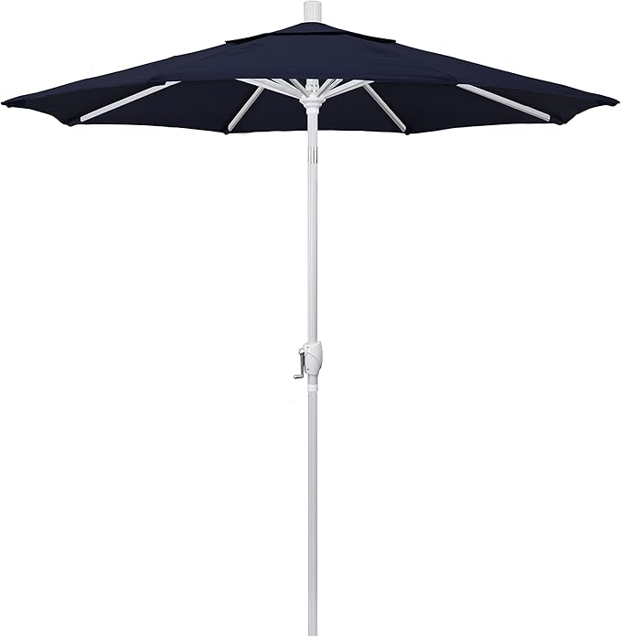 California Umbrella 7.5' Round Aluminum Market Umbrella, Crank Lift, Push Button Tilt, White Pole, Navy Blue Olefin