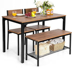 Giantex Dining Table Set for 4, 43" Kitchen Table and Chairs, Dining Bench with Metal Frame & Storage Rack, 4-Piece Modern Functional Desk Set for Dinette, Small Space, Apartment, Restaurant, Walnut