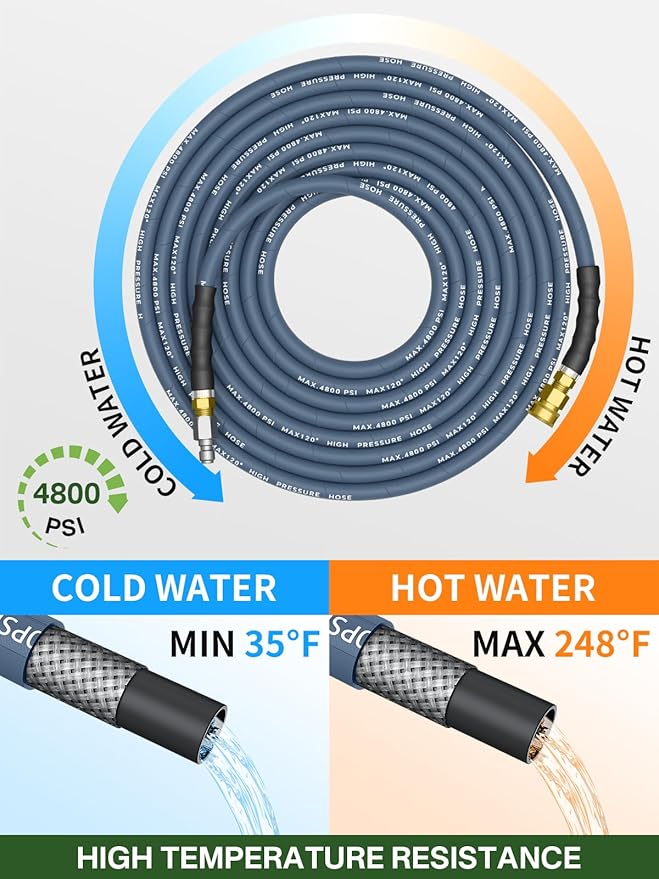 3/8" 4800PSI Pressure Washer Hose 100FT with Swivel Quick Connect for Cold/Hot Water Max 248°F, Kink Resistant Steel Wire Braided, Wear Resistant Power Washer Hose with M22 14mm Adapter