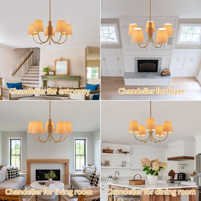 Boho Rattan Chandelier with Fabric Shade, Antique Gold Brass Farmhouse Chandeliers, 5-Lights Coastal Gold Pendant Light Fixtures for Dining Room Kitchen Island Living Room Hemp Rope